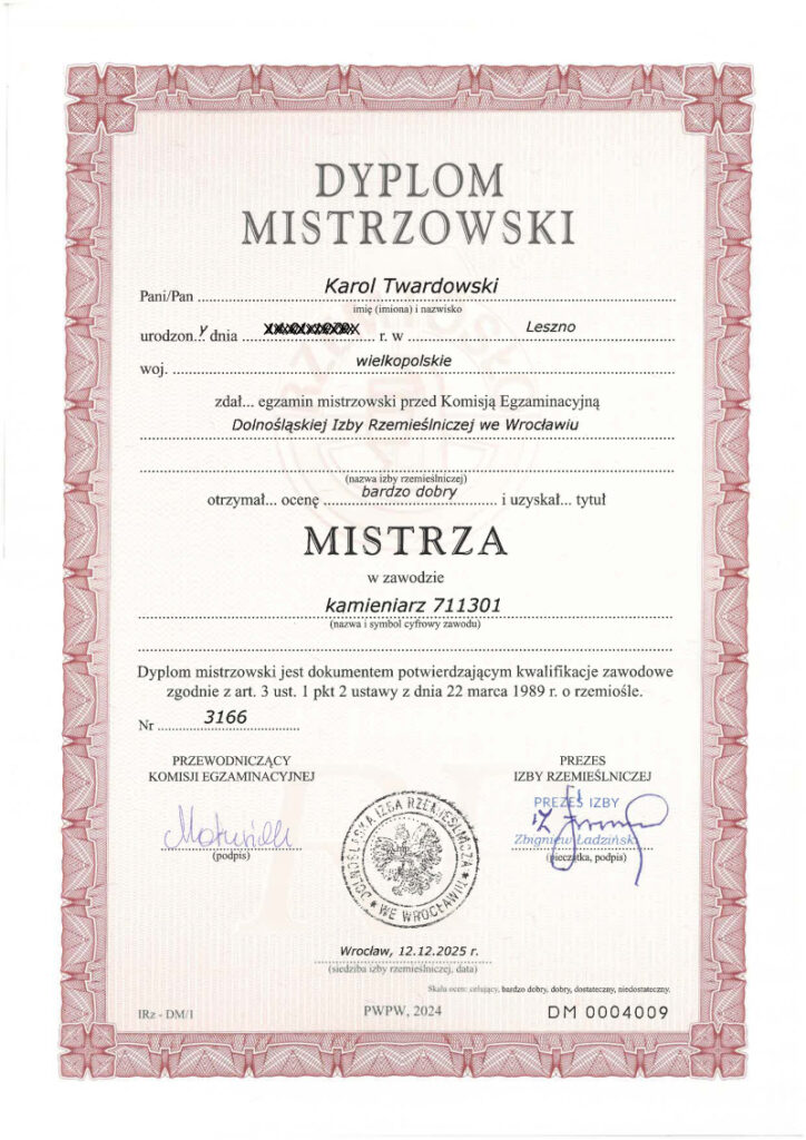 Dyplom mistrzowski Karola Twardowskiego, mistrza w zawodzie kamieniarz, właściciela E-Stone Kamieniarstwo
